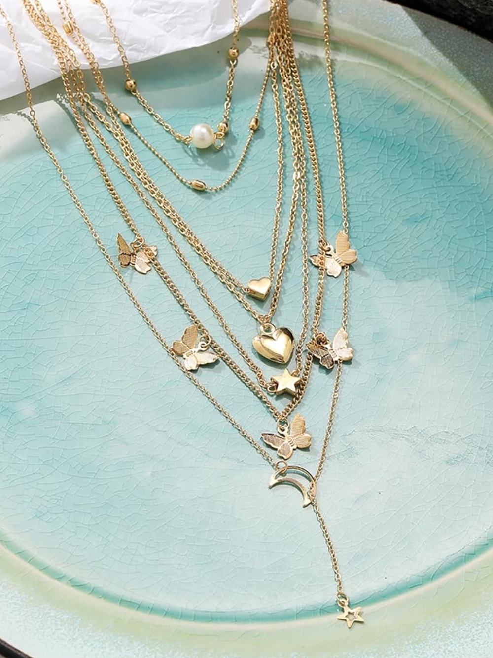 Anthropologie Gold Multi-Layer Butterfly Charm Necklace - Picture 2 of 7